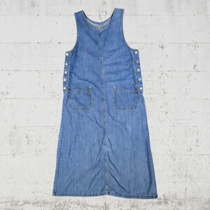 1990s Vintage Medium Wash Denim Overall Pinafore Midi Dress Size Small Petite